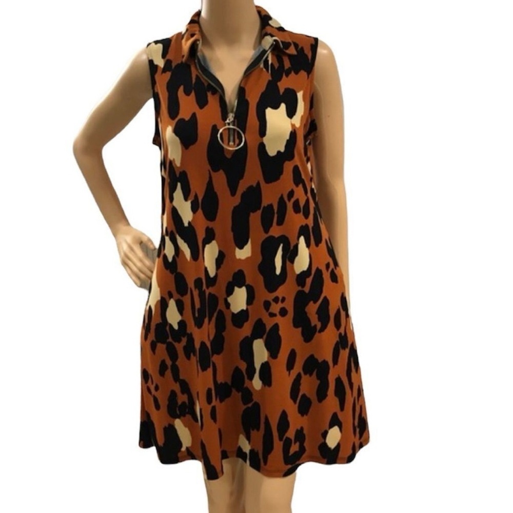 MSK Dress  Brown Animal Print 3/4 Medal Circle Gold Zip Sleeveless Sz S